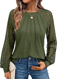 Womens Long Sleeve Shirts Pleated Lace Tops Fall Fashion Outfits Business Casual Blouses