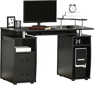 HOMCOM Computer Desk Office PC Table Workstation with Keyboard Tray, CPU Shelf, Drawers, Sliding Scanner Shelf, Black