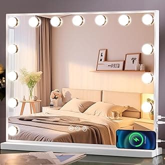 MISAVANITY Vanity Mirror with Lights Tempered Galss Hollywood Vanity Makeup Mirror with 15 LED Bulbs 22.8"x 18.1" USB Charge Port and Dimmable 3 Color Lighting for Tabletop Wall-Mounted, White