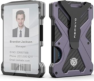 OarideyMinimalist Wallet for Men- Slim Aluminum Metal Money Clip Wallet with Clear ID Card Holder, Carbon Fiber Wallet, RFID Blocking,Holds up 15 Cards with Cash Clip,Ultra-Thin Tactical Wallet - Purple