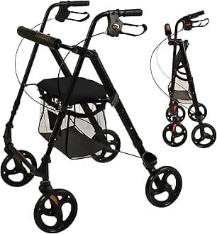 Lightweight 4-Wheel Aluminium Rollator with Seat, 6.4kg - Black Frame with Black Seat - Folding Mobility Walker with Basket, Loop Brakes, Walking Stick Holder - Height Adjustable