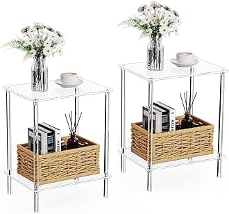 Clear Acrylic Side Table Set of 2, 2-Tier End Table for Living Room, Small Modern Bedside Tables Nightstand for Bedroom, Home Decor Accent Table, 15.7" L x 11.8" W x 19.82" H