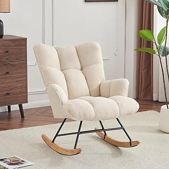 Nursery Rocking Chair Teddy, Upholstered Glider Rocker with High Backrest, Comfortable Stylish Accent Armchair with Padded Seat for Living Rooms, Bedrooms, Ivory