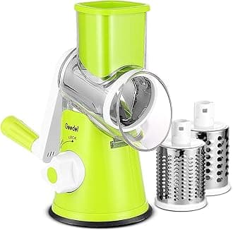 Geedel Rotary Cheese Grater, Kitchen Mandoline Vegetable Slicer with 3 Interchangeable Blades, Easy to Clean Rotary Grater Slicer for Fruit, Vegetables, Nuts
