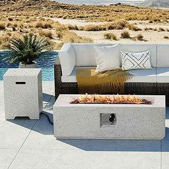 COSIEST 2-Piece Outdoor Propane Fire Pit Table Set w Tank Table, 42" Terrazzo Rectangle Fire Table (Certified, 50,000 BTU) w 16" Tank Cover Side Table, Waterproof Cover for Garden, Pool, Backyard