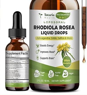 Totaria 16-in-1 Liposomal Rhodiola Rosea Supplement Tincture 1000mg, Ultra Strength Rhodiola 10:1 Root Extract w/Ashwagandha, Rhodiola Liquid Drops for Natural Relaxation, Mood, Energy, Alcohol-Free