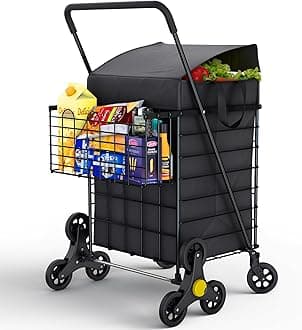 Our Modern Space Stairs Climbing Shopping Cart w/Waterproof Basket Liner & 360° Swivel Wheels | Foldable Collapsible & Lightweight | Perfect for Groceries Laundry Utility Cart - Black