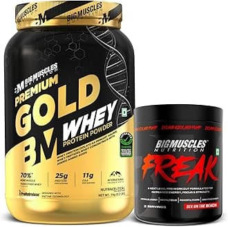 Bigmuscles Nutrition Premium Gold Whey [1 Kilogram] [Chocolate] & Freak Pre-Workout (90G, 15 Servings, Sex On The Beach) Combo | Informed Choice UK Certified | 3Rd Party Lab Tested, 2 Count