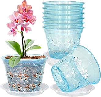 Orchid Pot, 8 Pack Orchid Pots with Holes & Saucers, Clear Plastic Pot for Repotting, Breathable Ventilation Planters for Phalaenopsis, Dendrobium & Oncidium Orchids(4 inch, Blue)