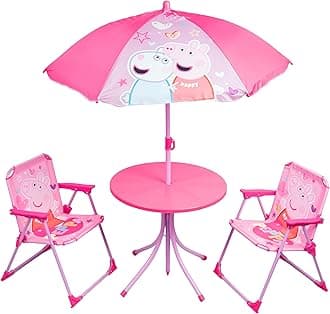 – Peppa Pig Pink Patio Set Kid's Garden Furniture 4-Piece Kids Patio Set With Table, 2 x Chairs, Adjustable Parasol Cartoon Design For Children (Peppa Pig)