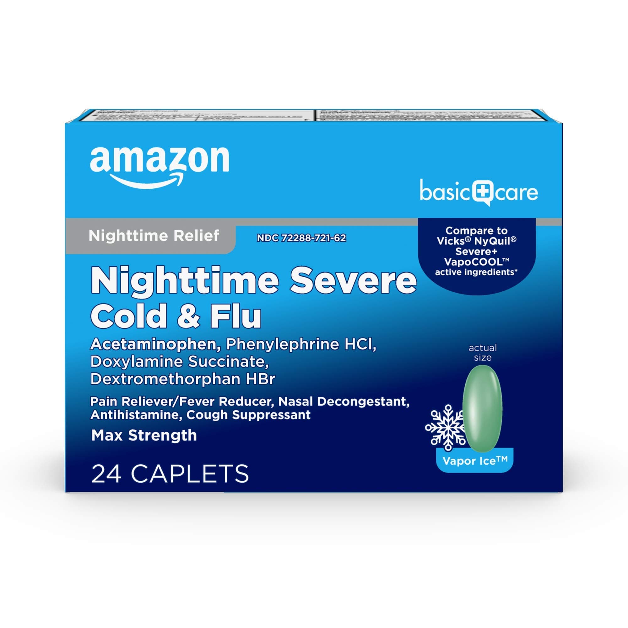 - Amazon Basic Care Nighttime Severe Cold and Flu Relief Caplets, Vapor Ice, 24 Count