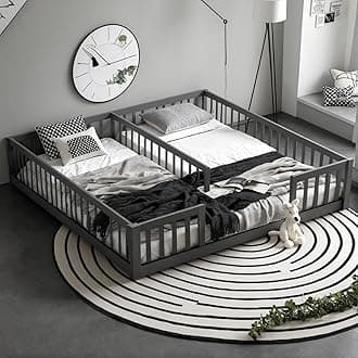 Twin Size Double Frame Floor Bed with Fence for Girls & Boys,Montessori Floor Bed w/Safety Guardrails for Girls,Boys,No Box Spring Needed, Grey
