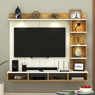 Anikaa Kirina Engineered Wood Wall-Mount TV Unit with PVC Back Panel & LED Lights | TV Cabinet with Storage Box & Decorative Shelves (Gaintwood/White) ? Ideal for TVs up to 40 Inch | DIY Installation