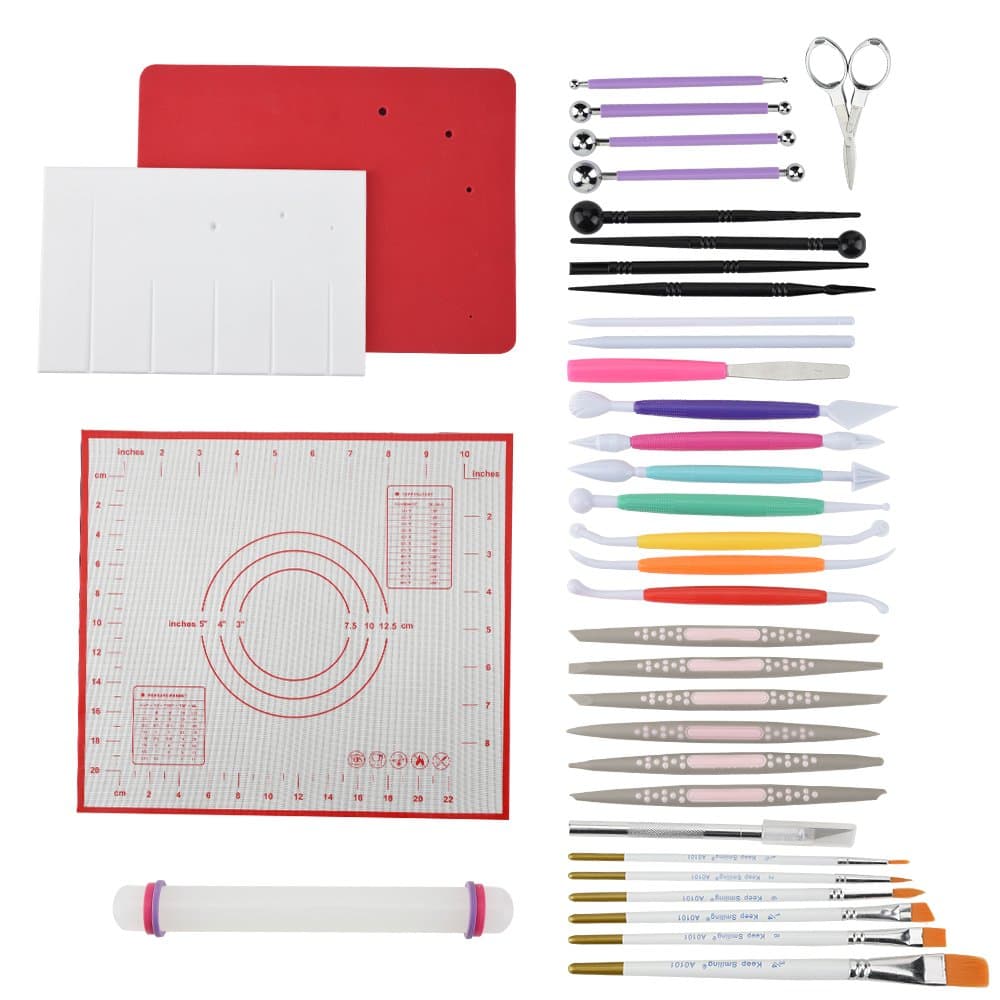 Gum Paste Flower and Leaf Tools Kit-7 Modelling Tool 4 Ball Tools 6 Frilling Stick 7 Cake Brush 6 Decorating Tools 1 Veining Board 1 Foam Pad 1 Silicone Mat 1 Flower Scissors 1 Art Knife 1 Rolling Pin