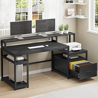 SEDETA 66" Home Office Desk, Large Computer Desk with Drawer, Hutch, Storage Shelves, Printer Cabinet and Monitor Shelf, Computer Table Study Writing Desk Workstation, Black