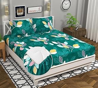 BSB HOME 160 TC Cotton Rich Elastic Fitted Bedsheets with 2 Pillow Covers|Double Bed with Corner Fit Wrinkelfree Supersoft Floral Pattern Breathable |Size-72x68+6 inches|Dark Green and Rust