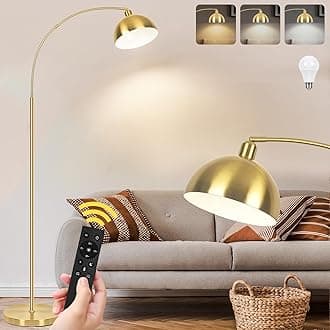 【Upgraded Arc Floor Lamps for Living Room - Stepless Dimmable Gold Tall Lamp with Remote Control & Color Temperature 9W LED Bulb, Over Couch Arched Reading Standing Lamp for Bedroom Brass