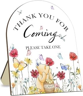 Winnie Bridal Shower Sign, Classic Pooh Thank You Wooden Sign for Women Men, Floral Butterfly Decor Wedding Shower Favors Sign, Bridal Shower Gifts for Guests, Thank You for Coming Please Take One Sign 9*11IN