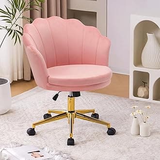 Furniliving Cute Velvet Desk Chair for Home Office, Makeup Vanity Chair with Wheels for Bedroom Modern Adjustable Swivel Rolling Chair for Living Room (Pink)