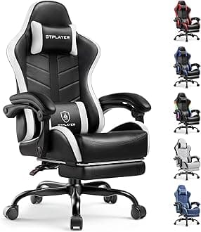 GTPLAYER Gaming Chair, Computer Gaming Chairs for Adults with Footrest, Height Adjustable PC Game Chair with 90-155° Recline & Removable Headrest Lumbar Support, Black-White