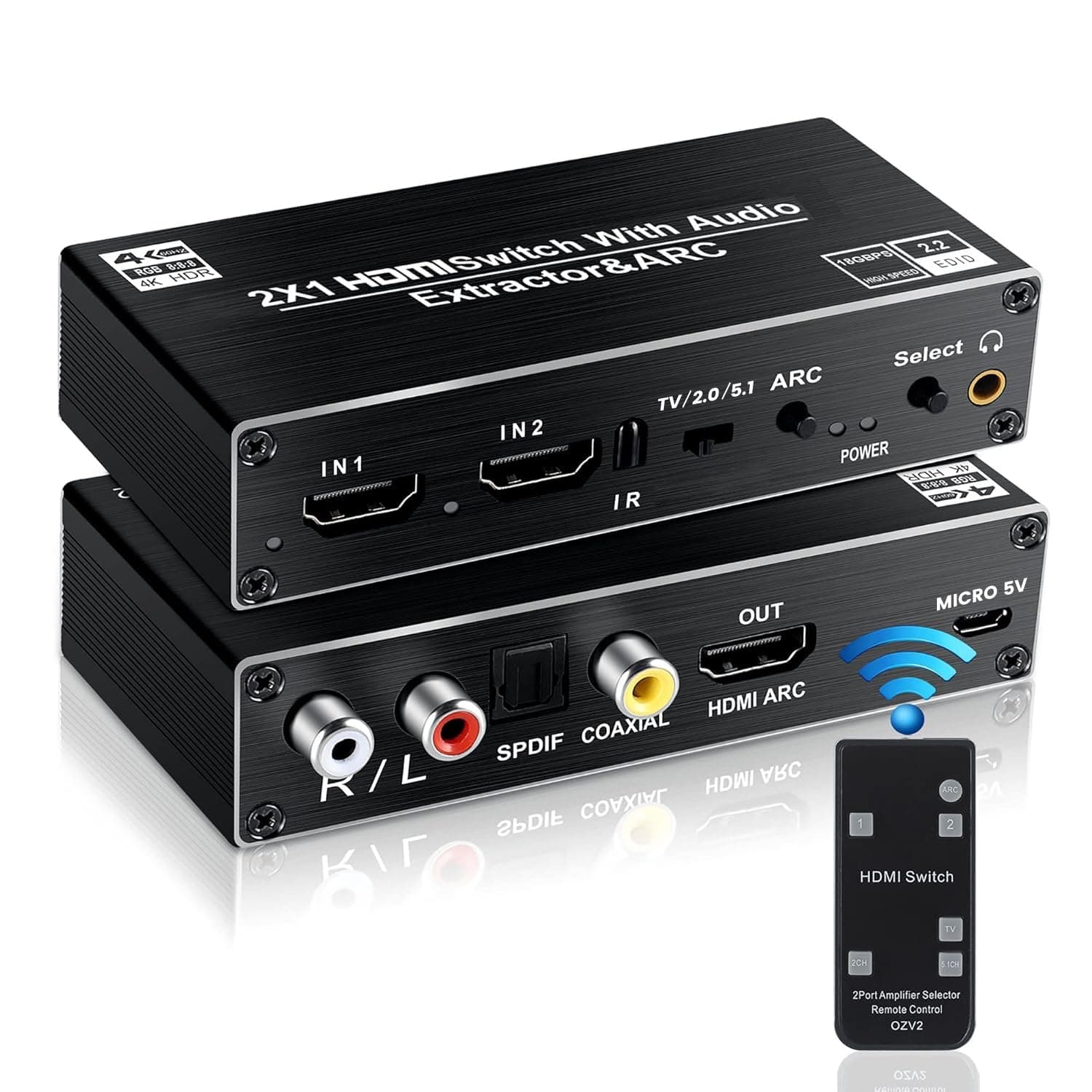 avedio links HDMI Switch Audio Extractor, HDMI Switch Splitter 2 Inputs 1 Output with Remote 4K@60hz, 2-Port HDMI2.0b Switcher Box with Optical Toslink SPDIF+Coaxial+Analog RCA Stereo Audio Out