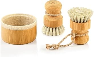 Bamboo Dish Brush Set with Soap Holder, Wooden Dish Scrubber with Soap Dispenser, Natural Kitchen Scrub Brush, Washing Pot/Pans/Cast Iron, 2 Pack, Sisal Bristles