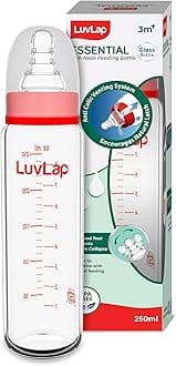 LuvLap Essential Slim Neck Glass Feeding Bottle, 250Ml, 3M+/Babies Upto 3 Years, Made of Borosilicate Glass, Bpa Free, Ergonomic Shape is with Anti Colic Nipple, Pack of 1, White & Red