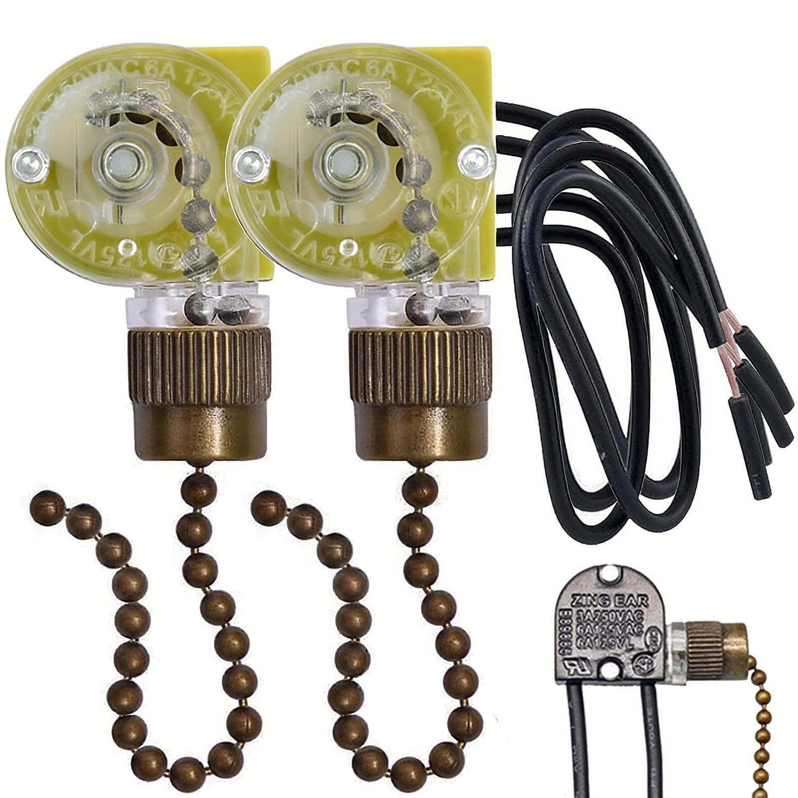 Ceiling Fan Light Switch Zing Ear ZE-109 Two-Wire with Pull Cords,On/Off Control Light Switch for Ceiling Fans, Lamps & Wall Lights – Compatible with Harbor Breeze Replacement Parts, (2-Pack, Bronze)