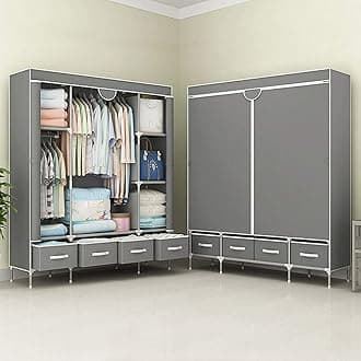 [Upgrade Version Three Canvas wardrobe Cupboard Clothes Storage Solution with Hanging Rail + Storage Shelves 150X45X170CM (Grey)