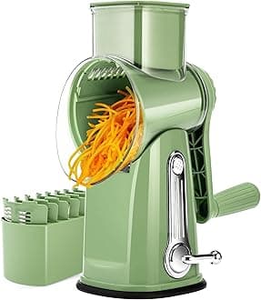 Rotary Cheese Grater with Handle - Vegetable Shredder with 5 Well-designed Blades & Strong Suction Base,Round Mandoline Slicer & Food Chopper for Kitchen,with Blade Storage Box(Retro Green)