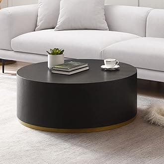 JUSTONE 35.1" Wide Round Coffee Table with Gold Rim Bottom, Round End Table for Living Room, Studio Apartment Essentials