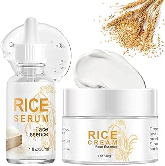 Rice Cream Moisturizer & Rice Face Serum Set – Korean Skin Care Moisturizer Duo with Glycerin, Niacinamide & Hyaluronic Acid – Anti Aging Face Cream for Glass Skin, Firming & Even Skin Tone (2Pcs)