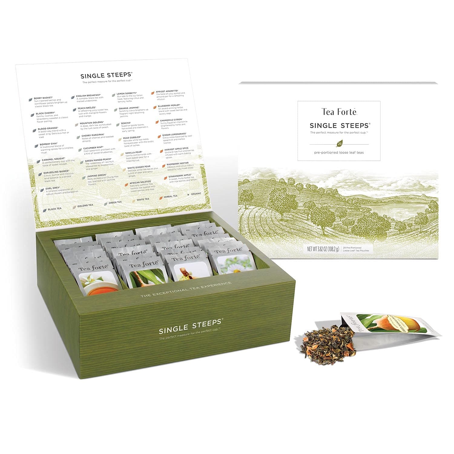 Single Steeps Loose Leaf Tea Sampler, Assorted Variety Tea Box, 15 Single Serve Pouches, Classic Tea