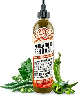 - Humble House - Poblano & Serrano Pepper Hot Sauce, Zero-Calorie Low-Sodium Vegan Condiments for Chicken Wings, Steak, Enchiladas, Tamales, Tacos, Sopes & More, All-Natural Preservative-Free Sauces for Food, 9.5 oz