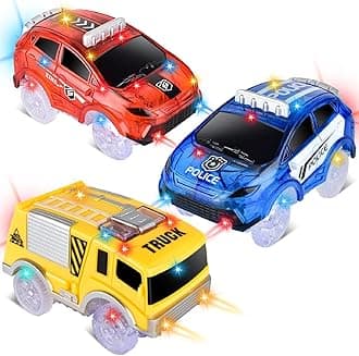 Track Cars Only Replacement Light Up Toy Cars with 5 Flashing LED Lights for Tracks Glow in the Dark, Flex Race Car Track Accessories Compatible with Most Car Tracks for Kids (3 Pack) with Screwdriver