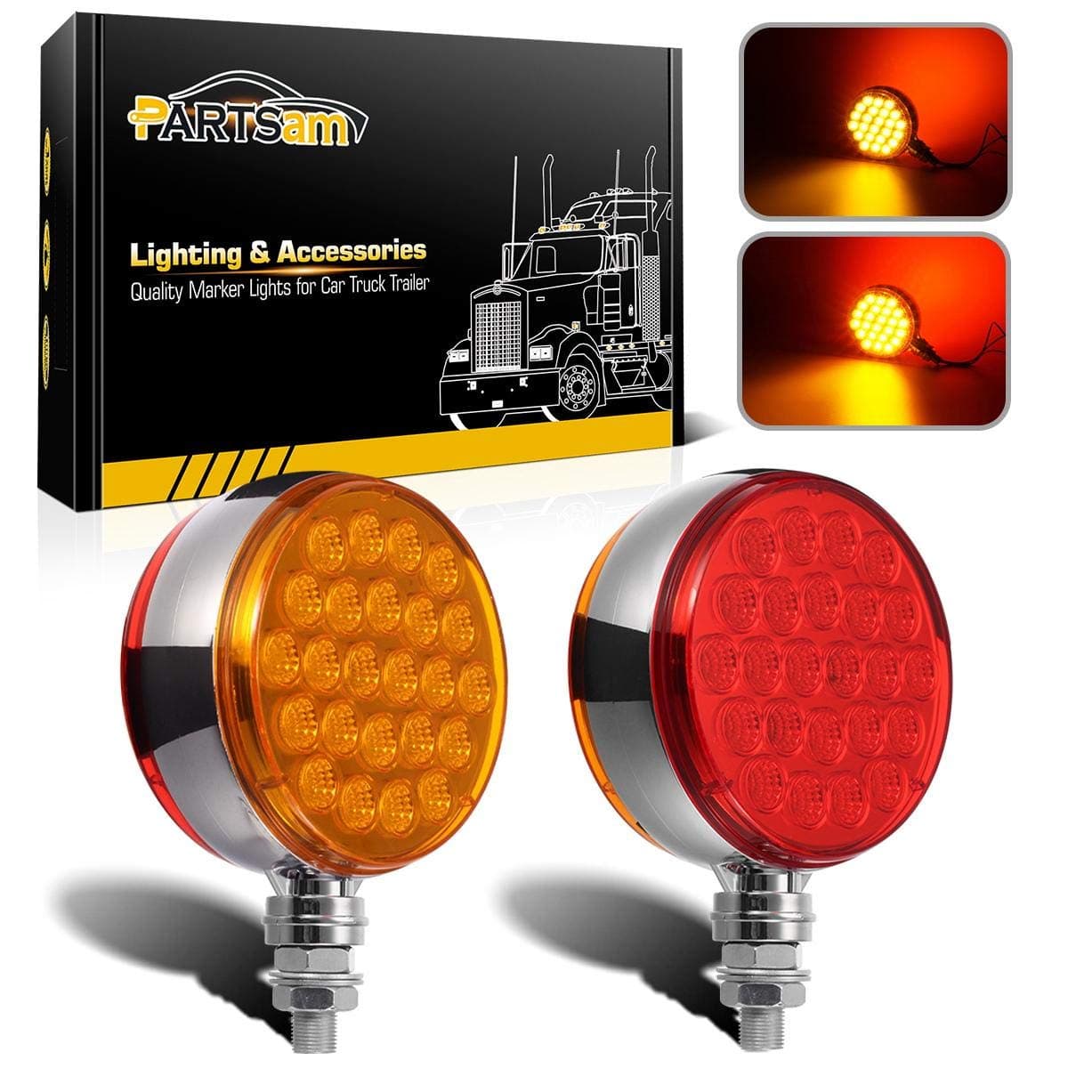 Partsam 2Pc 4 Round Double Face Single Stud Mount Pearl Red/Amber 48 Led Pedestal Fender Reflective Lights W Chrome Die Cast Housing Sealed For Kenworth Peterbilt Freightliner Western Star Volvo