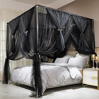 Joyreap 4 Corners Post Canopy Bed Curtain Black- King Size Royal Luxurious Cozy Drapes Netting- Elegant Bedroom Decoration Accessories for Adults