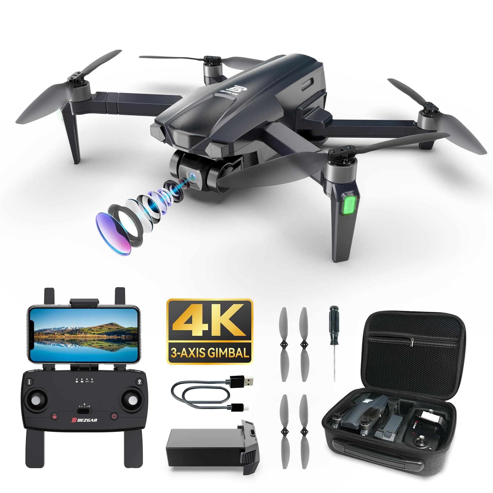 BD901 Drones with Camera for Adults 4K Long Range - Foldable Mini Drone with 4K Video, 3-Axis Gimbal, 3KM Transmission, 23 Mins Flight Time, Return To Home, Follow Me, Hobby RC Quadcopters