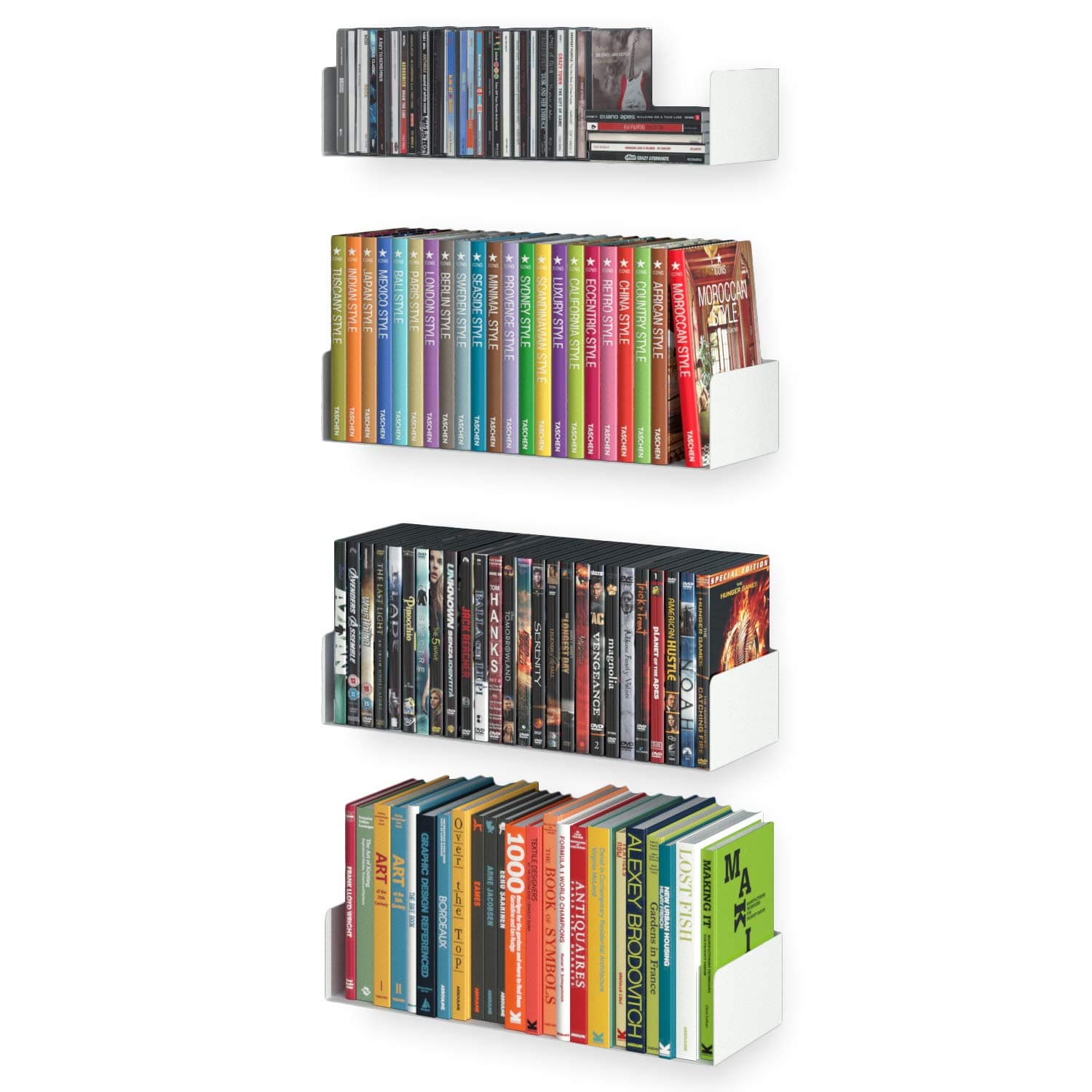 Bali White Bookshelf and CD DVD Storage Shelf Set of 4, Metal Floating Book Shelves for Wall