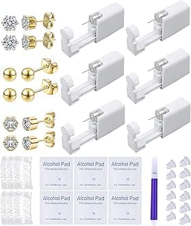 VitaCool Ear Piercing Kit Disposable Ear Piercing Gun Kit with Sterile CZ Ball Studs Easy and Safe Earring Self for Own at Home(Gold Mixed Patterns 4mm)