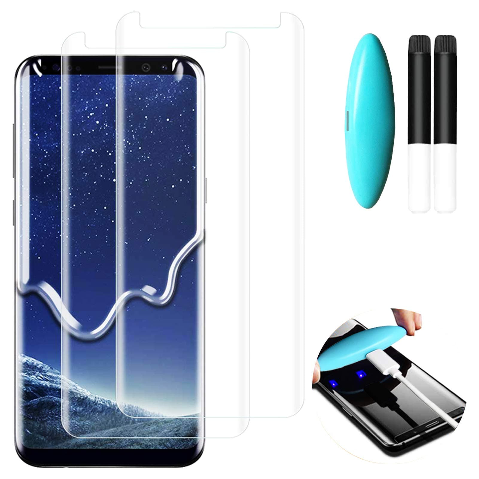 Johncase [2 Pack Screen Protector Compatible for Samsung Galaxy S8 Plus/S9 Plus (S8+/S9+), Full Edge 3D Curved Tempered Glass Film W/UV Liquid Adhesive Light Installation Kit [Case Friendly]