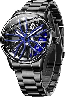 OLEVS Men's Car Wheel Watch 42MM Rotatable Blue Large Dial Design Quartz Stainless Steel Waterproof Luminous Gift Watches for Men