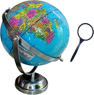 GeoKraft Globe 720° Swivels in All Directions, Metal Stand, 8 Inch Political/Decorative Desktop Decoration World Globe Map with Clear Text for Home, School, Office (Blue) with Magnifying glass