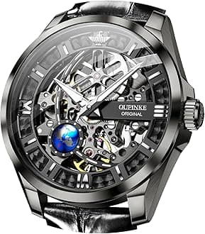 Mens Mechanical Wrist Watch Luxury Business Skeleton Leather Automatic Self Winding Waterproof 50M/5ATM Luminous Watches for Men Gift