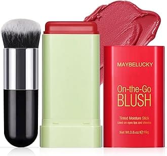Cream Blush Stick for Cheeks, Eyes & Lips, Multi-Use Tinted Moisturizer, Natural Glow Blendable Blusher with Brush - Hot Red