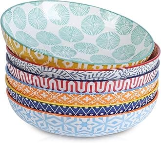 Ceramic Pasta Bowls Set 34 OZ, Large Salad & Dinner Bowls 8.6 Inch, Wide Shallow & Deep Plates for Pasta Soup, Microwave & Dishwasher Safe, Set of 6, Assorted Colors
