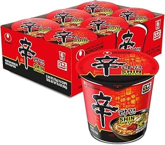 Nongshim Gourmet Spicy Shin Instant Ramen Noodle Cup, Pack of 6, Chopped Vegetables, Premium Ramen Soup Mix for Microwave