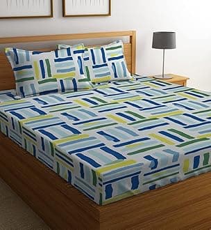 BSB HOME Premium 100% Microfiber Elastic Fitted Bedsheets with 2 Pillow Covers | Double Bed with All Around Elastic 180 TC Supersoft | for 78x72+10 Mattress (Striped, Green & Blue)