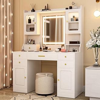 WakefitVanity Desk with Mirror and Lights, 42IN Makeup Table with 6 Drawers and 2 Cupboard Storage, Vanity Makeup with Power Outlet | LED Light with 3 Color Modes | Adjustable Brightness | White