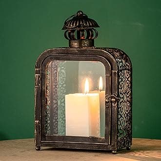 Candle Lantern Decorative Indoor & Outdoor, Vintage Metal Lanterns with Clear Glass, Tabletop&Hanging Candle Holders for Patio Front Porch Home Decor, Christmas Decorations (Bronze)